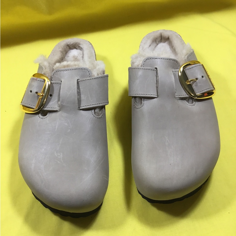 Birkenstock Boston Big Buckle Shearling Taupe Faux-Fur lined Clog SZ 40 - Picture 2 of 11